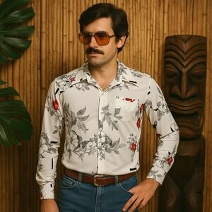 Vintage 70s Tropicana Hawaii Disco Shirt Mens L Floral Dagger Collar Aloha Boho